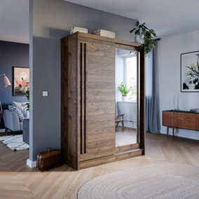 Effect 2 Sliding Mirrored Door Wardrobe in Columbian Walnut - W1500mm H2160mm D590mm, Compact and Contemporary