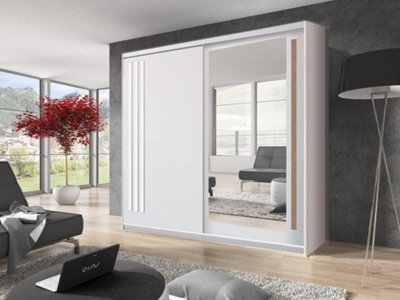 Effect Contemporary Mirrored Sliding 2 Door Wardrobe 5 Shelves 1 Rail Andersen Pine Effect (H)2000mm (W)2160mm (D)590mm