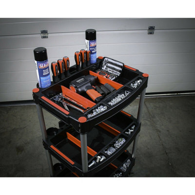 Efficient 3 Level Wheeled Workshop Trolley with Ample Parts Storage - 30kg Capacity per Shelf