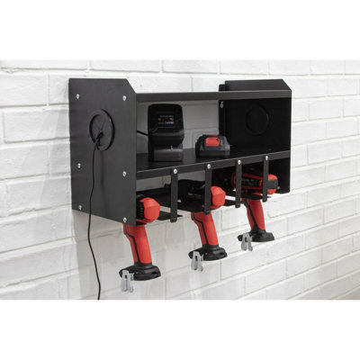 Efficient Wall Mounted Power Tool Storage Rack with 5 Open Bays and 2 Shelves