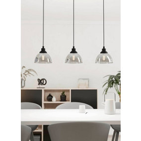 EGLO Beleser Smoke And Black Glass And Metal 3 Light Ceiling Pendant, (L) 90.5cm
