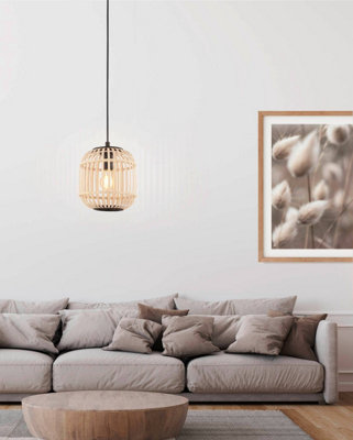EGLO Bordesley 1-Light Natural Bamboo and Black Metal Single Pendant Ceiling Light (D) 21cm