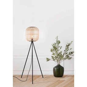 Eglo Bordesley Natural And Black Wood And Metal Tripod Floor Lamp, (D) 35cm