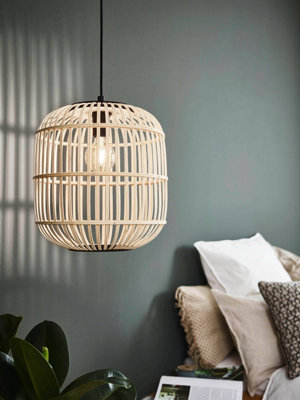 EGLO Bordesley Natural Bamboo and Black Metal Single Pendant Light (D) 35cm