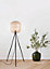 EGLO Bordesley Natural Wood and Black Metal Tripod Floor Lamp - Modern Design (D) 35cm