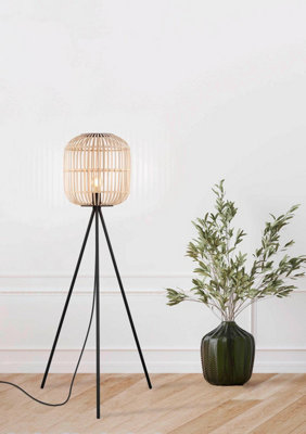 EGLO Bordesley Natural Wood and Black Metal Tripod Floor Lamp - Modern Design (D) 35cm