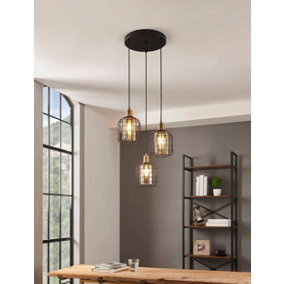 EGLO Chisle Black And Amber Metal And Glass 3 Light Ceiling Pendant, (D) 42.5cm