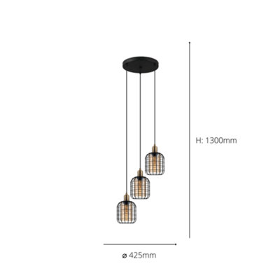 EGLO Chisle Black And Amber Metal And Glass 3 Light Ceiling Pendant, (D) 42.5cm