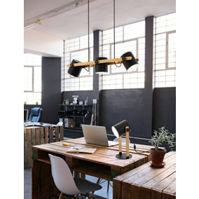 EGLO Hornwood Black/Natural Metal & Wood Desk Lamp - Adjustable Shade, In-Line Switch (D) 21cm