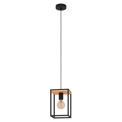 EGLO Libertad Black And Natural Metal And Wood 1 Light Ceiling Pendant, (D) 18cm