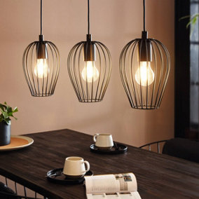 EGLO Newtown Vintage 3-Light Pendant With Black Caged Shades