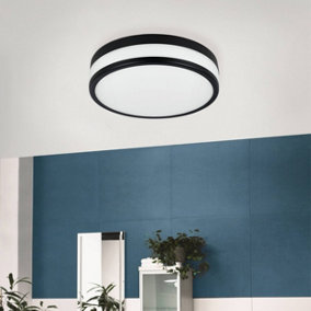 EGLO Palermo LED Glass/Black Steel Flush Bathroom Ceiling Light