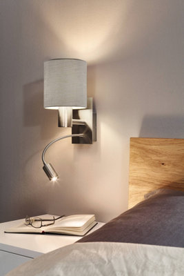 EGLO Pasteri Taupe/Satin Nickel Metal & Fabric Wall Light - Integrated LED Reading Light (D) 15cm