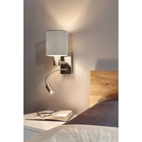 EGLO Pasteri Taupe/Satin Nickel Metal & Fabric Wall Light - Integrated LED Reading Light (D) 15cm