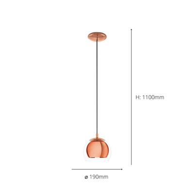 EGLO Rocamar Clear And Copper Glass And Metal 1 Light Ceiling Pendant, (D) 19cm