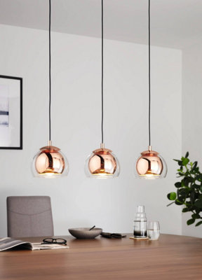 EGLO Rocamar Clear And Copper Glass And Metal 3 Light Ceiling Pendant, (D) 78cm