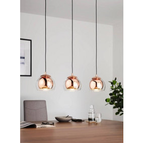EGLO Rocamar Clear And Copper Glass And Metal 3 Light Ceiling Pendant, (D) 78cm