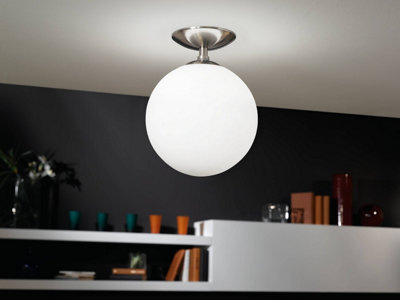 EGLO Rondo Satin Nickel And White Glass And Metal Ceiling Light, (D) 25cm