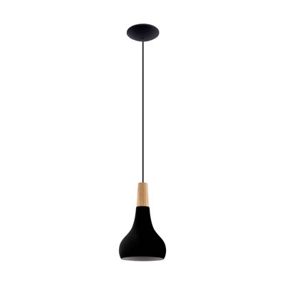 EGLO Sabinar IP20 Black Steel and Wood Pendant Light - Scandinavian Design, E27 (D) 18cm