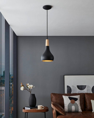 EGLO Sabinar IP20 Black Steel and Wood Pendant Light - Scandinavian Design, E27 (D) 18cm