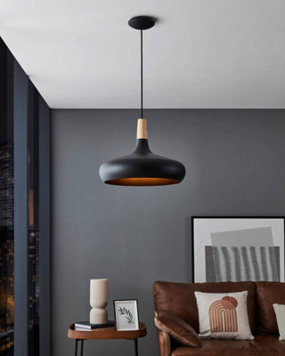 EGLO Sabinar IP20 Black Steel and Wood Pendant Light - Scandinavian Design, E27 (D) 40cm