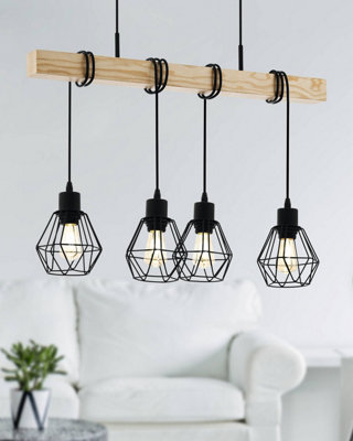 EGLO Townshend 5 Black/Natural Metal & Wood 4-Light Geometric Pendant - Industrial Style (L) 70cm