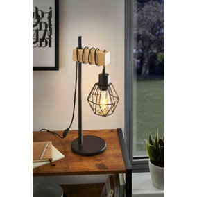 EGLO Townshend 5 Black/Natural Metal & Wood Table Lamp - Industrial Style (D) 15.5cm