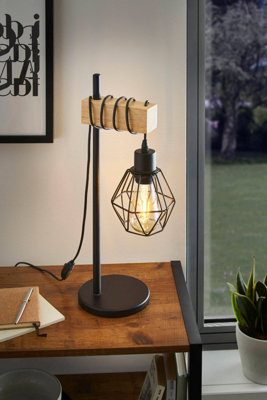 EGLO Townshend 5 Black/Natural Metal & Wood Table Lamp - Industrial Style (D) 15.5cm