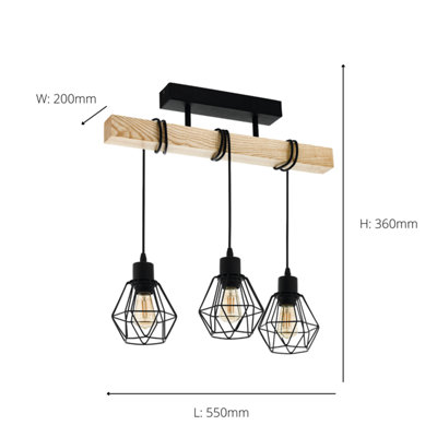 EGLO Townshend 5 Black/Natural Wood 3-Light Ceiling Pendant, Semi-Flush Industrial Style (L) 55cm