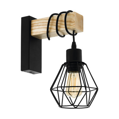 EGLO Townshend 5 Black/Natural Wood Wall Light - Vintage Industrial Style (D) 24cm
