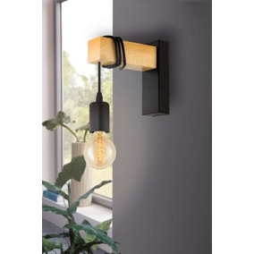 Eglo Townshend Black And Natural Wood And Metal Wall Light, (D) 21.5cm