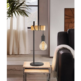 EGLO Townshend Black Metal & Natural Wood Table Lamp - Industrial Chic Design (D) 17.5cm