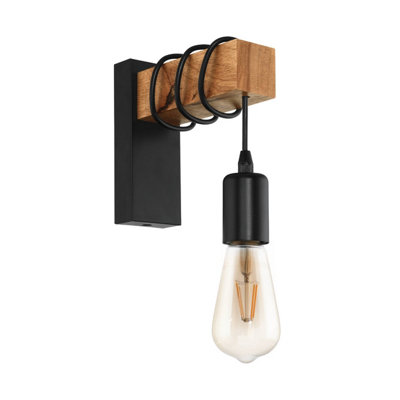 EGLO Townshend Black Metal & Natural Wood Wall Light - Vintage Industrial Style (D) 21.5cm