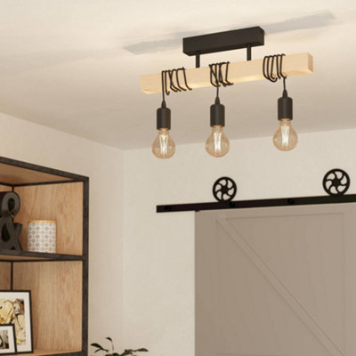 EGLO Townshend Black/Natural Metal & Wood 3-Light Pendant - Industrial Style (D) 55cm