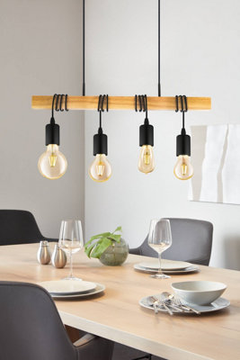 EGLO Townshend Black/Natural Metal & Wood 4-Light Geometric Pendant - Industrial Style (D) 110cm