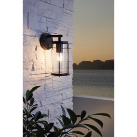 Eglo Valdeo Black And Clear Metal And Glass IP44 Outdoor Wall Light, (D) 27.5cm
