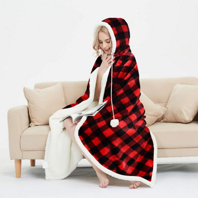 EHC Check Design Super Soft Warm Sherpa Fleece Wearable Hooded Blanket ...