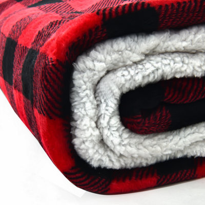 EHC Check Design Super Soft Warm Sherpa Fleece Wearable Hooded Blanket Throw -130 x 180 cm , Red & Black