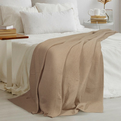 EHC Chunky & Soft Extra Large Cotton Waffle Throw, King Size, 225 x 250 cm  - Beige