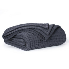 EHC Chunky & Soft Extra Large Cotton Waffle Throw, King Size, 225 x 250 cm - Charcoal