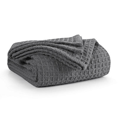 EHC Chunky & Soft Extra Large Cotton Waffle Throw, King Size, 225 x 250 cm - Grey