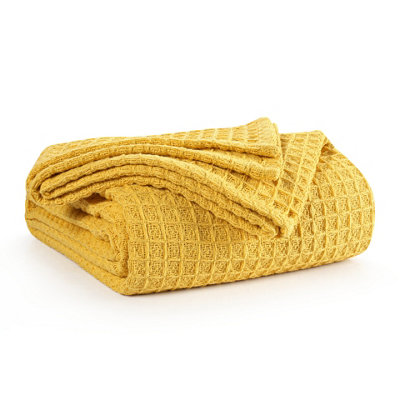 EHC Chunky & Soft Extra Large Cotton Waffle Throw, King Size, 225 x 250 cm - Yellow