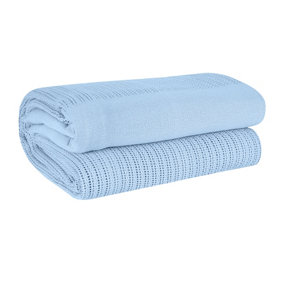 EHC Cotton Soft Hand Woven Reversible Lightweight Light Blue Adult Cellular Blanket, Single 180 x 230cm