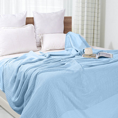 EHC Cotton Soft Hand Woven Reversible Lightweight Light Blue Adult Cellular Blanket, Single 180 x 230cm