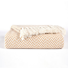EHC Herringbone Cotton Throw for Double bed Sofa Couch,150 x 200 cm, Beige