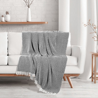 EHC Herringbone Cotton Throw for Double bed Sofa Couch,150 x 200 cm, Black