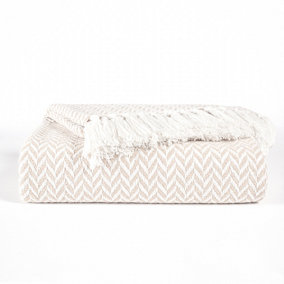 EHC Herringbone Cotton Throw for Double bed Sofa Couch,150 x 200 cm, Ivory