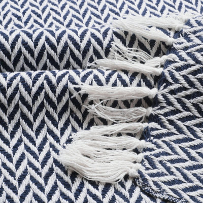 EHC Herringbone Cotton Throw for Double bed Sofa Couch,150 x 200 cm, Navy Blue
