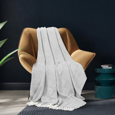 EHC Herringbone Lightweight Soft Warm Wool  Feel Acrylic Throw Blanket  - Pearl Blue