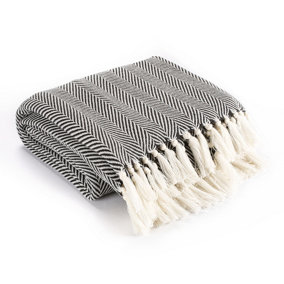 EHC Herringbone Lightweight Soft Warm Wool  Feel Acrylic Throws for Sofa Blanket - Black
